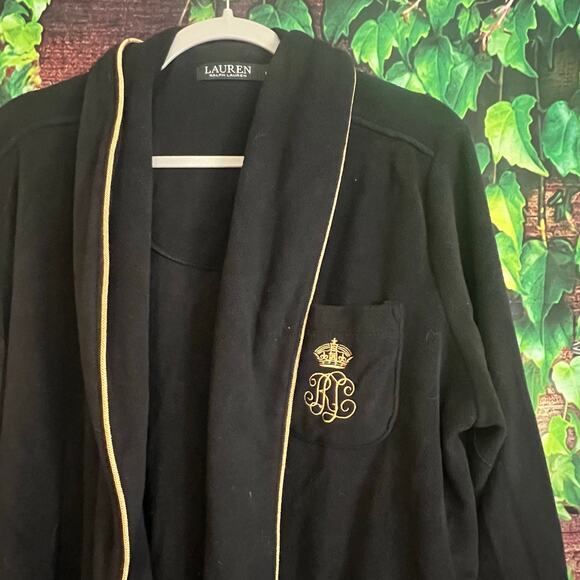 Ralph Lauren Long Sleeve Fleece Monogram Collar Robe Womens Large Belt Tie Black - Picture 2 of 8